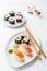 Assortment of vegan sushi with vegetables, seitan, Konjac plant, tofu as fish substitudes