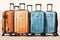 Assortment of vibrant suitcase set, colorful luggage symbols on white background, cartoon style