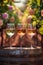 Assortment of white, rose, and red wines elegantly arranged on an oak barrel in a charming vineyard