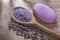 Assortment of wooden spoon crystal sea salt dry lavender bar soap on wood board healthcare concept