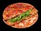 Assorty pizza from three different pizzas isolated on black background