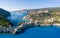 Assos in island of Cefalonia, Ionian, Greece. Aerial drone photo of beautiful and picturesque colorful traditional