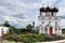 Assumption Cathedral of the Blessed Virgin Mary in the city of Kirov. Flower beds are spread among the temple silence on a summer