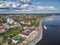 Assumption Cathedral, jetty and ship. Myshkin, Russia. View from the river