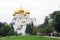 Assumption Church in Yaroslavl, Russia. People walk towards the church.