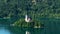 Assumption of Mary church located on lake Bled, Slovenia travel, aerial view