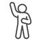 Assurance or hello pose line icon. Man with left hand raised up outline style pictogram on white background. Stick