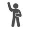Assurance or hello pose solid icon. Man with left hand raised up glyph style pictogram on white background. Stick figure