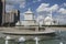 Astana, Kazakhstan, August 3 2018: Fountain on Independence Square with Hazrat Sultan Mosque in the background