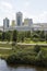 Astana, Kazakhstan, August 3 2018: Skyline of downtown Astana with Yesil River during the summer