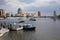 Astana, Kazakhstan, August 4 2018: Landing point for the excursion boats on the Yesil River in downtown Astana
