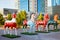 ASTANA, KAZAKHSTAN - JULY 25, 2017: Art installation with figures of horses painted in different ethnic ornament in Astana