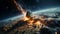 A asteroid cruising near planet earth closeup view
