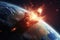 Asteroid falls on planet, view from space. Meteorite burning in atmosphere. Generative AI