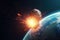 Asteroid falls on planet, view from space. Meteorite burning in atmosphere. Generative AI