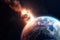 Asteroid falls on planet, view from space. Meteorite burning in atmosphere. Generative AI