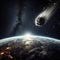 Asteroid hitting earth. View from space