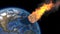 Asteroid Impact on Earth. Asteroid, comet, meteorite glows, enters the earth`s atmosphere. 3d rendering. Meteor Rain