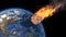 Asteroid Impact on Earth. Asteroid, comet, meteorite glows, enters the earth`s atmosphere. 3d rendering. Meteor Rain. Kameta tail