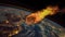 Asteroid Impact on Earth. Asteroid, comet, meteorite glows, enters the earth`s atmosphere. Attack of the meteorite