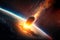 Asteroid impact, end of world, judgment day. Group of burning exploding asteroids from deep space approaches to planet Earth.