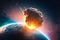 Asteroid impact, end of world, judgment day. Group of burning exploding asteroids from deep space approaches to planet Earth.