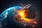 Asteroid impact, end of world, judgment day. Group of burning exploding asteroids from deep space approaches to planet Earth.