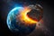 Asteroid impact, end of world, judgment day. Group of burning exploding asteroids from deep space approaches to planet Earth.