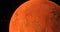 Asteroids orbiting red Mars in outer space closeup as sun reveals from behind planet