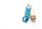 Asthma inhaler. Asthma controller, reliever equipment. Steroids and bronchodilator drug for asthma and chronic bronchitis.