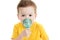 Asthma patient, children boy diagnosis asthma inhalation therapy the mask of inhaler. Close up a little kid with respiratory disea