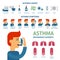 Asthma symptoms and causes infographic elements. Asthma triggers vector flat illustration. Man uses an inhaler against