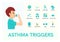 Asthma triggers. Man with inhaler. Flat icons.