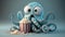 Astonished baby octopus eating popcorn and watching a scary movie, AI generative