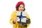 Astonished kid. Girl cute little lady coat and beret carry gift. Spring shopping concept. Buy clothes and cute little