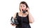 Astonished woman talking on a telephone