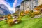 Astonishing autumn view of Lauterbrunnen valley with gorgeous Staubbach waterfall and Swiss Alps in the background