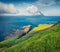 Astonishing morning view of Koltur Island. Fresh green summer scene of outskirts of Velbastadur village, Faroe Islands, Denmark, E