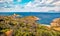 Astonishing morning view of Piscinni bay with Torre di Pixinni tower on background. sunny spring scene of Sardinia island, Italy,