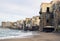 Astonishing panoramic coastline view of ancient city Cefalu. Colorful buildings at the sandy beach