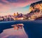 Astonishing summer cityscape of Cefalu town with Piazza del Duomo. Gorgeous sunset on Mediterranean sea, Sicily, Italy, Europe. Tr