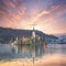 Astonishing sunset view of popular tourist destination  Bled lake