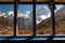 Astonishing views through the window glass of Fish Tail Machapuchare in the Annapurna range, Himalayas