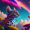 Astral Majesty: AI-Generated Portraits of a Margay in a Rainbow Cloud