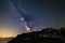 Astro night sky, Milky way galaxy stars over the Alps, Mars and Jupiter planet, snowcapped mountain range