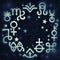 Astrological diadem (astrological signs and occult mystical symbols), celestial pattern background with stars