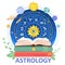 Astrology science poster with zodiac circle on stack of book