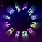 Astrology zodiac signs wheel with twelve colorful symbols in space. Full astrologic year