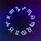 Astrology Zodiac signs wheel with twelve neon symbols in space