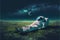 Astronaut admiring fallen stars on the grassy field. Fantasy concept , Illustration painting. Generative AI